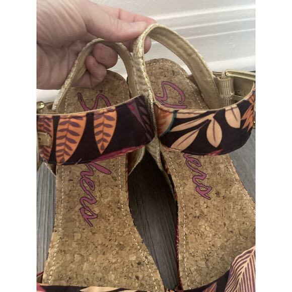Skechers Hawaiian Floral Aloha Cork Wedge Sandals Heels Women 9 Buckle - Picture 12 of 13